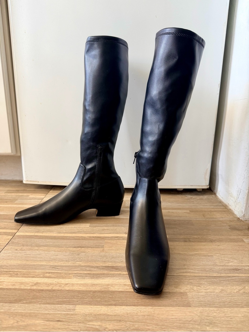 Steve Madden Delyra black faux leather knee-high boots square toe block heel 8